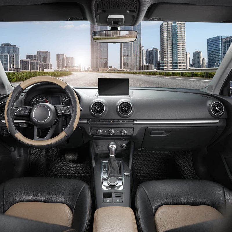 SEG Direct Car Steering Wheel Cover for Prius Civic Model 3 Model Y Camaro, Small Size 14-14.25 inch, Black and Beige Microfiber Leather - Image 2